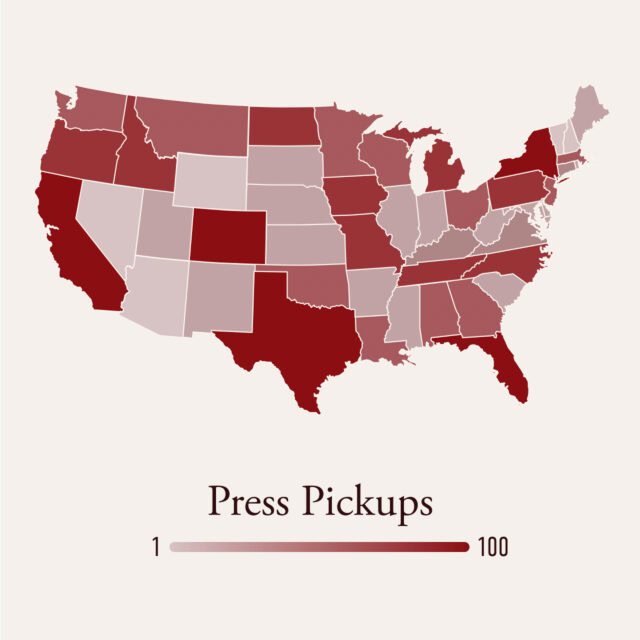 Map of the United States with states shaded from light to dark red, indicating varying levels of press pickups from 1 to 100.