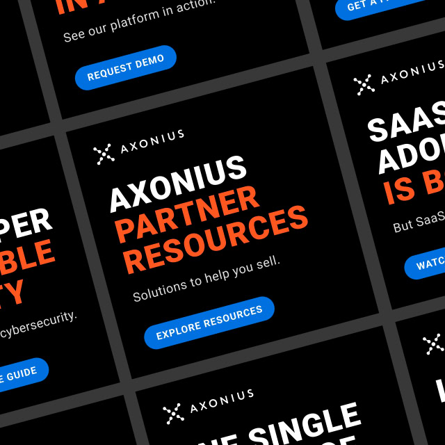 Grid of marketing slides featuring bold text promoting Axonius partner resources, demos, and solutions. Various call-to-action buttons like "Request Demo" and "Explore Resources" are visible.