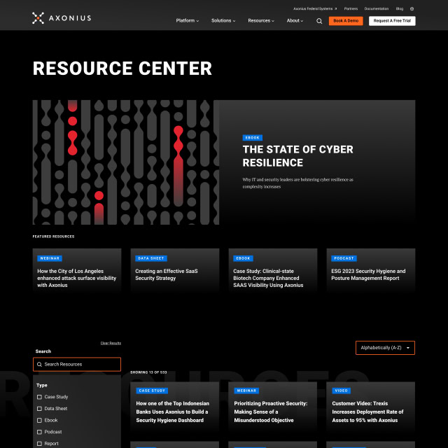 Screenshot of Axonius Resource Center webpage with sections on cyber resilience and featured resources. Includes search tools and report links. Black and white design with highlighted text.